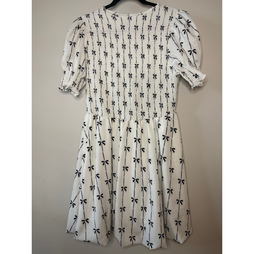 SHEIN CURVE White Black Bow Print Smocked Bubble Hem Mini Dress 0XL Puff Sleeve